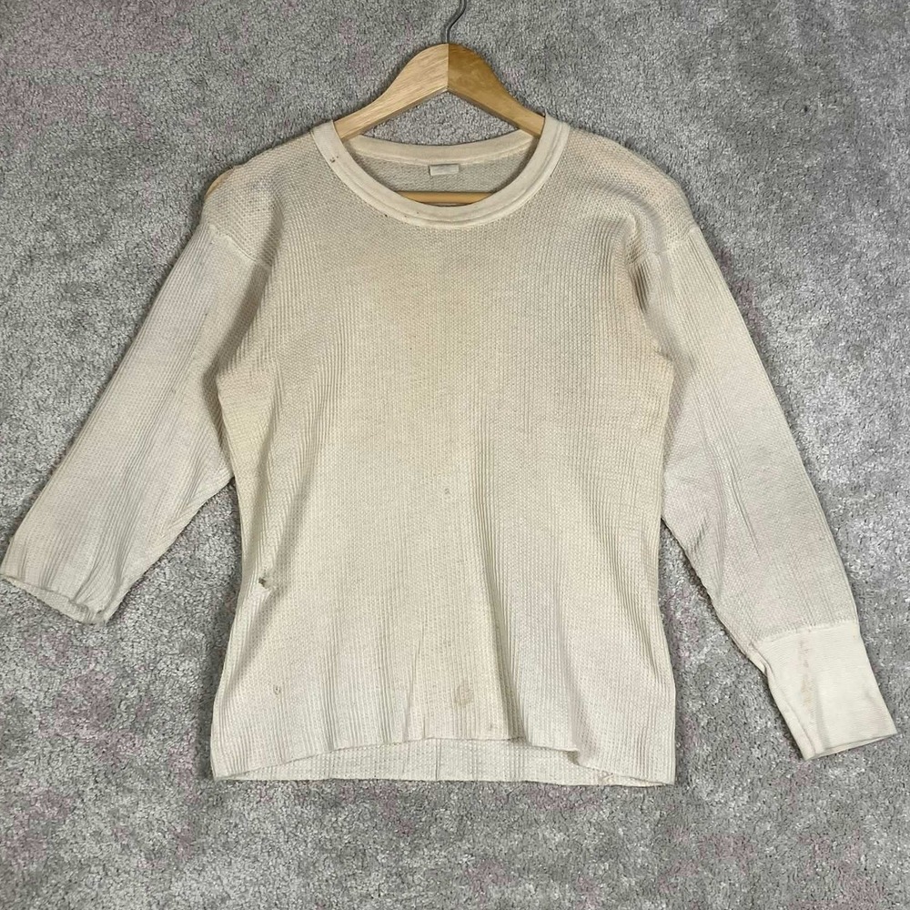 Vintage 70s Thermal Shirt Mens L Cream Fair Waffle Knit Long Sleeve Made in USA